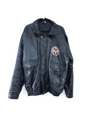 UB Leather Army Bomber Jacket Men XXL, Black, Army Patch, Zip Up Coat Men